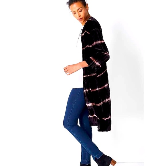 Pure J.Jill Black & Purple Bohemian Crush Velvet Tie Dye Kimono Style Duster L - Picture 3 of 9